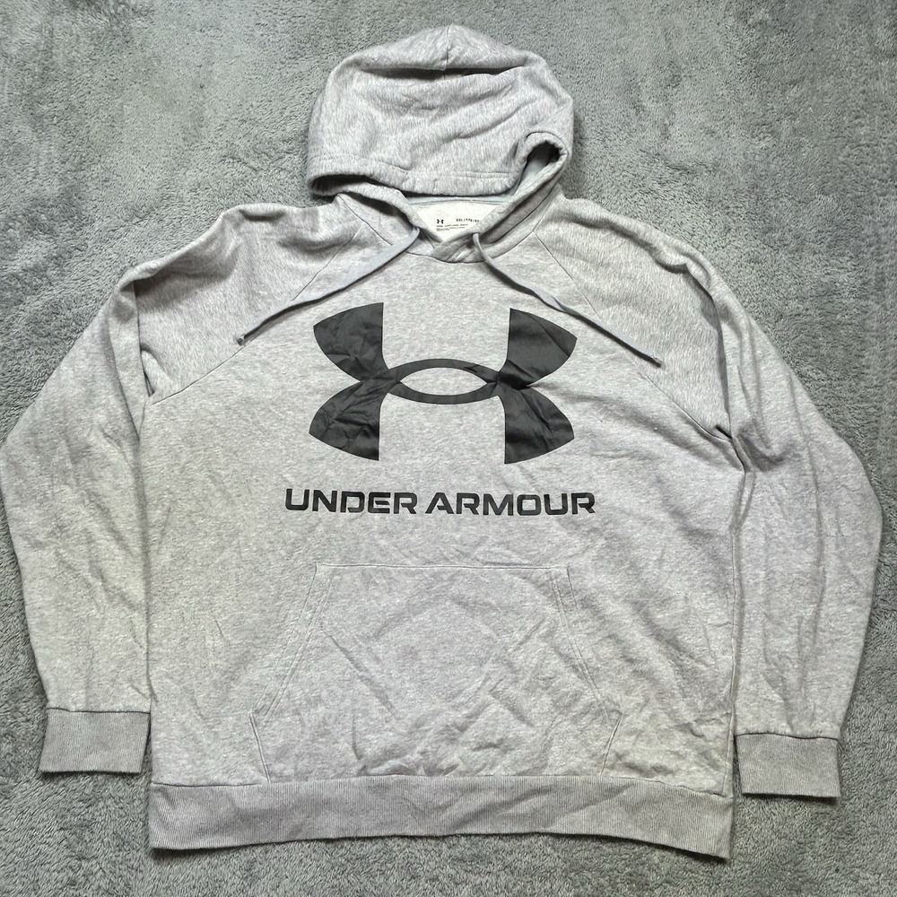 Under Armour Rival Hoodie Men's 2XL Gray Active Pullover Fleece Big Logo 1357093